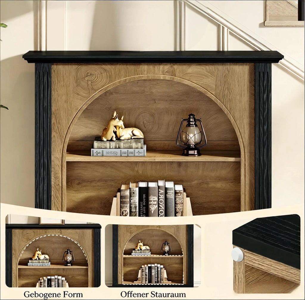 Consolle in legno con 3 ripiani e vano semicoperto, stile mid-century modern, per ingresso e soggiorno, nero rustico