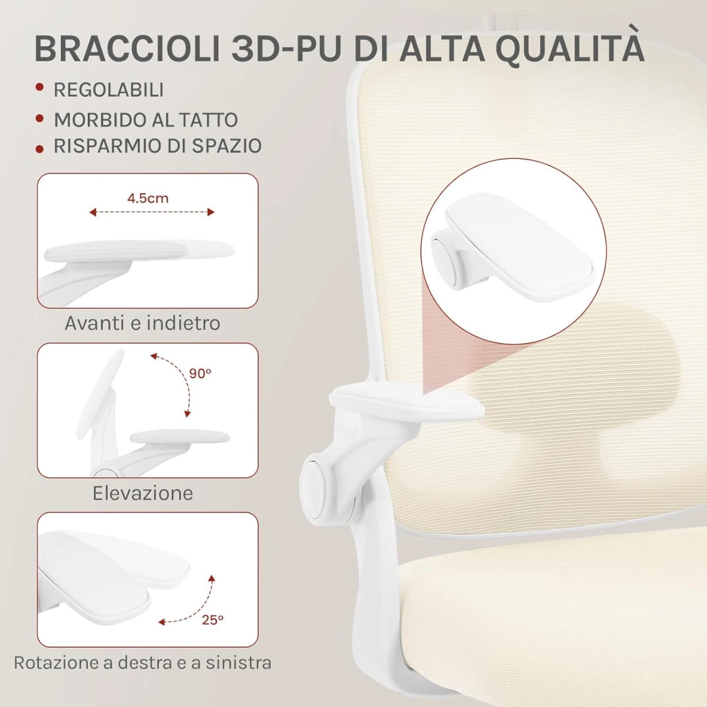 Sedia Ufficio Ergonomica con Poggiatesta e Braccioli Regolabili, Supporto Lombare, Poltrona Scrivania Girevole in Rete Traspirante Funzione Dondolo, Beige