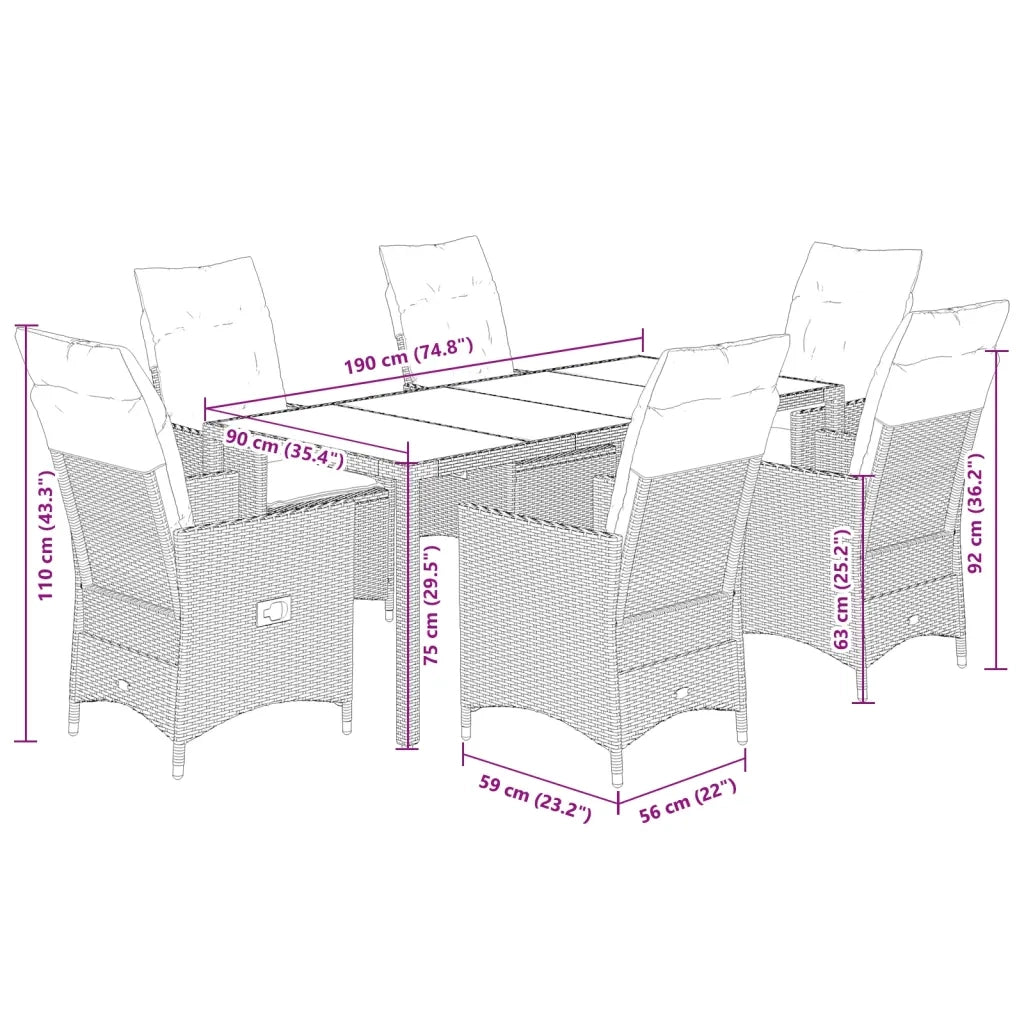 Set da Pranzo da Giardino 7 pz con Cuscini in Polyrattan Grigio