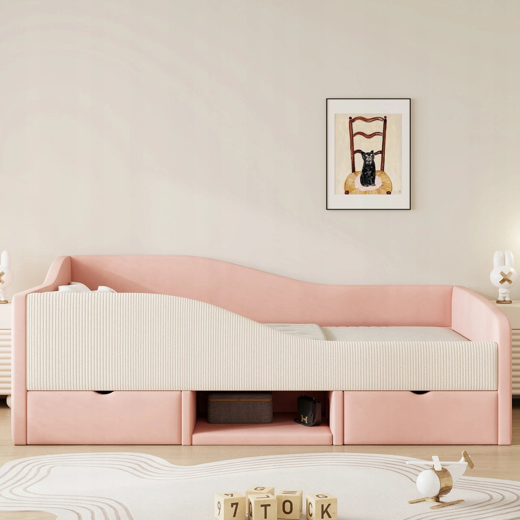 Letto imbottito 90x190 - Xylo - Rosa crema, 2 cassetti