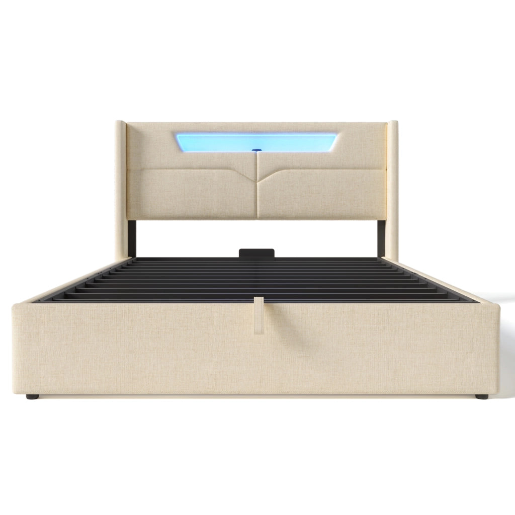 Letto matrimoniale imbottito 140x200 cm con LED, USB Type-C, contenitore e materasso incluso