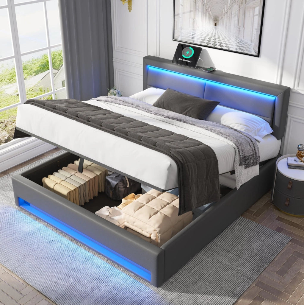 Letto imbottito 140x190 cm con USB; LED e contenitore; PU; grigio