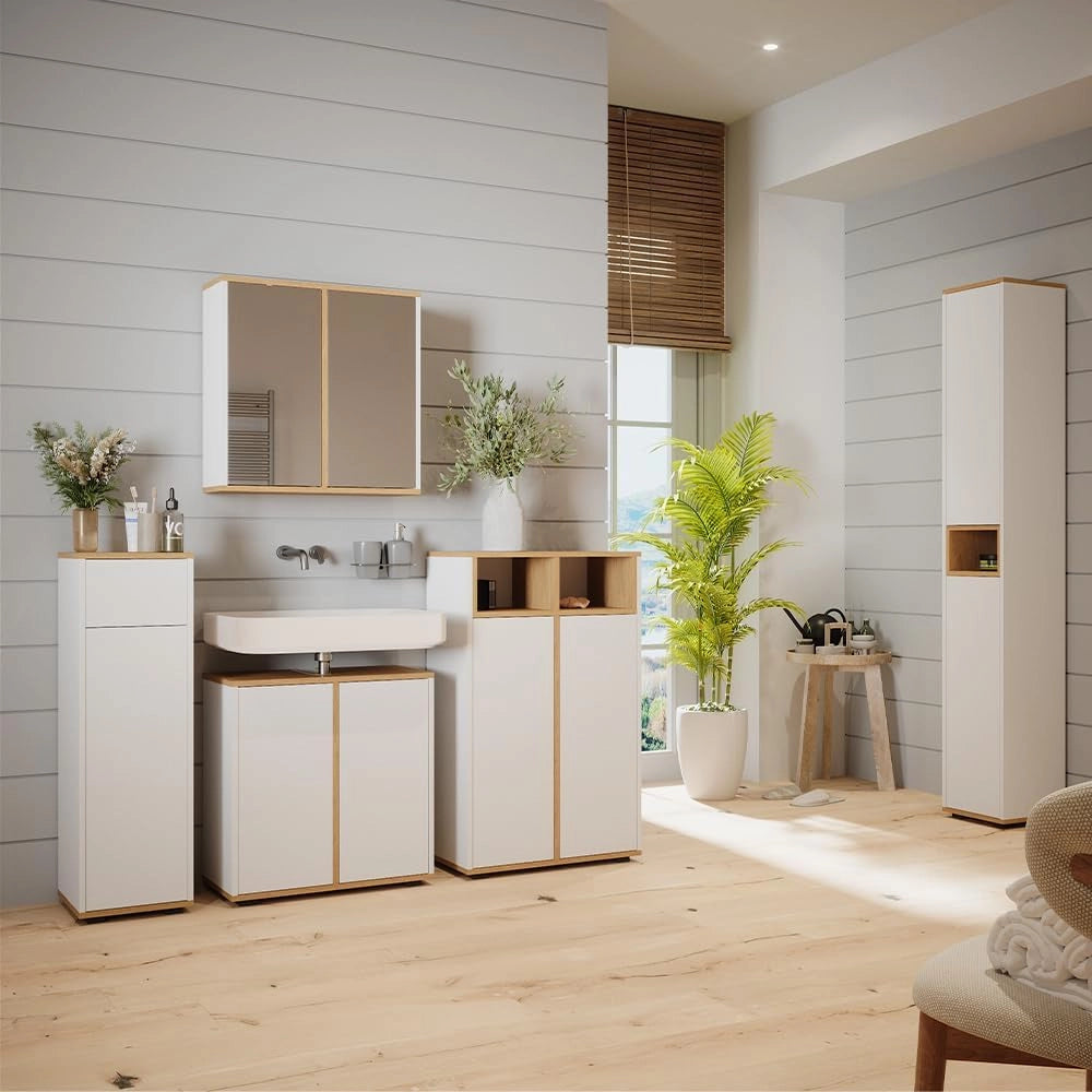 Set mobili bagno Didi, Bianco/Artisan, 60 cm, composto da set con armadietto a specchio, base lavabo, 2 pensili medi e colonna