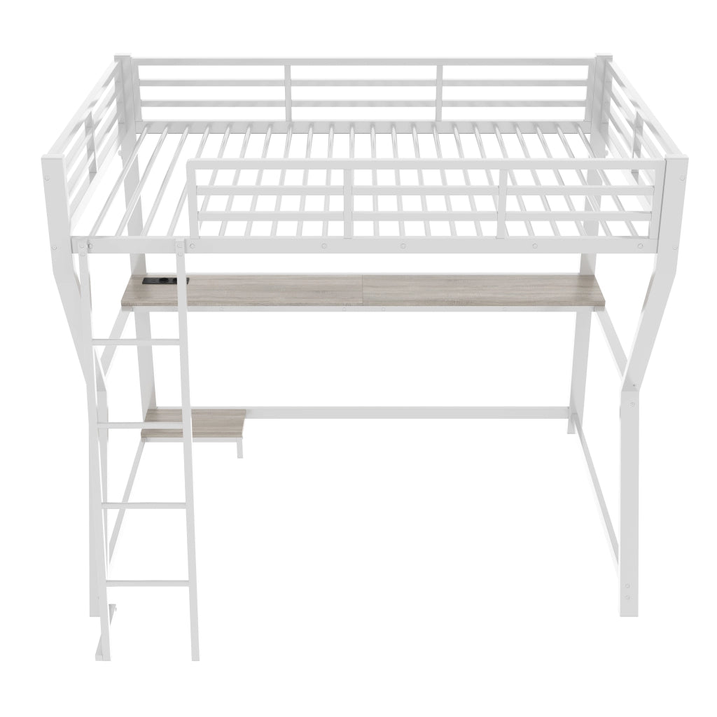 Letto a soppalco singolo 90×200 cm con LED; scrivania; presa USB; scala e sponda; senza materasso; bianco