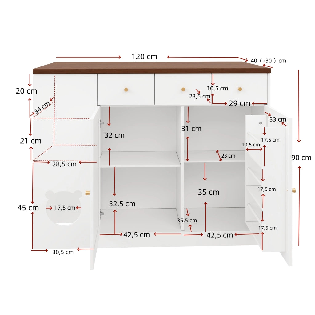 Carrello da Cucina con 3 Cassetti e 2 Ante; Piano Estensibile; Portaspezie e Zona per Animale; MDF; Bianco Noce; 120x40x90 cm