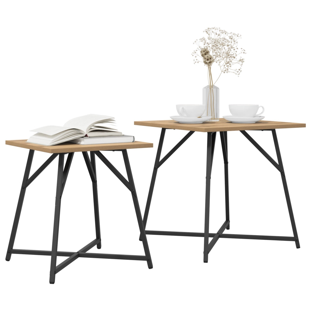 Set di 2 Tavoli in Rovere Artigianale con Legno Ingegnerizzato e Metallo