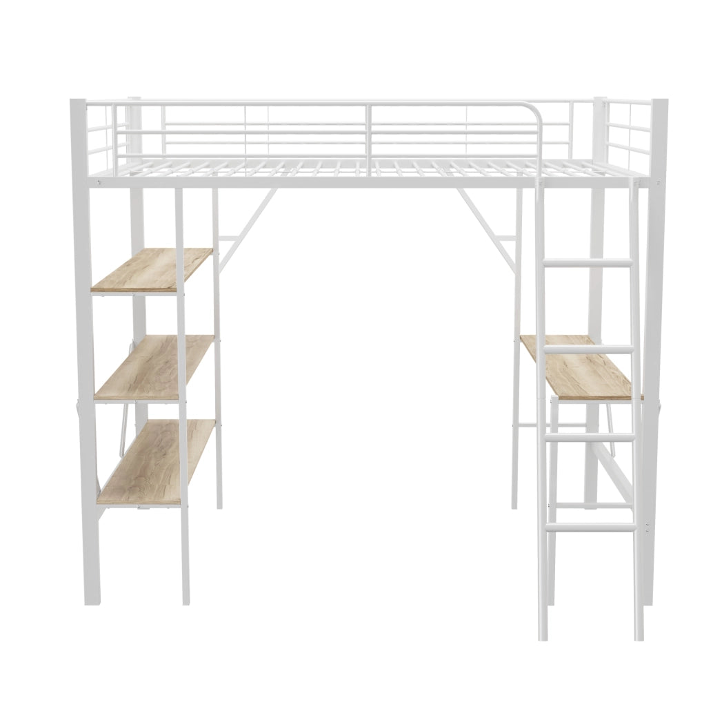 Letto a soppalco 90x200 cm con scrivania e ripiani, struttura in metallo e MDF, bianco