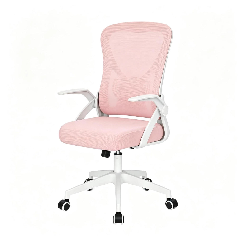 Sedia da ufficio ergonomica rosa girevole con braccioli pieghevoli