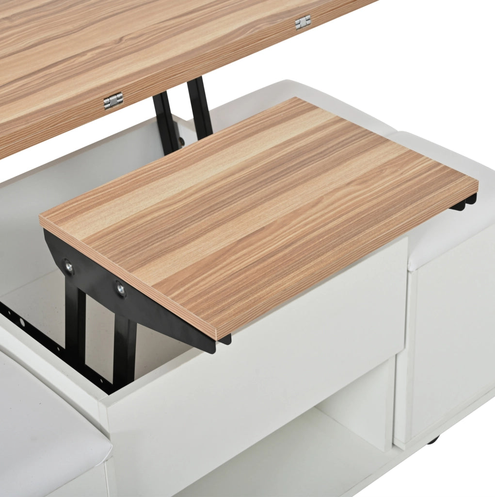 Tavolino da salotto sollevabile 2 in 1 con contenitore; 100x100x63;5 cm; bianco e naturale