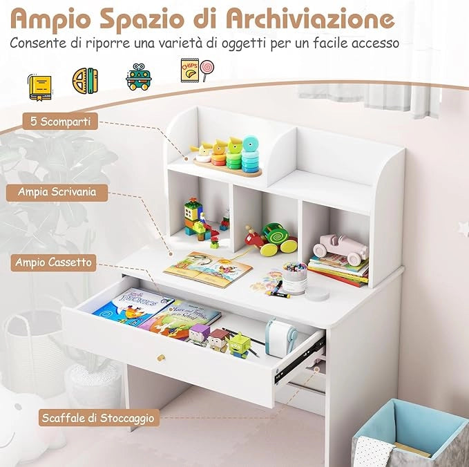 Scrivania in Legno 80 x 48 x 102 cm per Bambini 3+ Anni, Scrivania Cameretta Bambina con 5 Mensole, 1 Cassetto, Spazio di Lavoro e Angoli Arrotondati, Ideale per Studio e Disegno (Bianco)