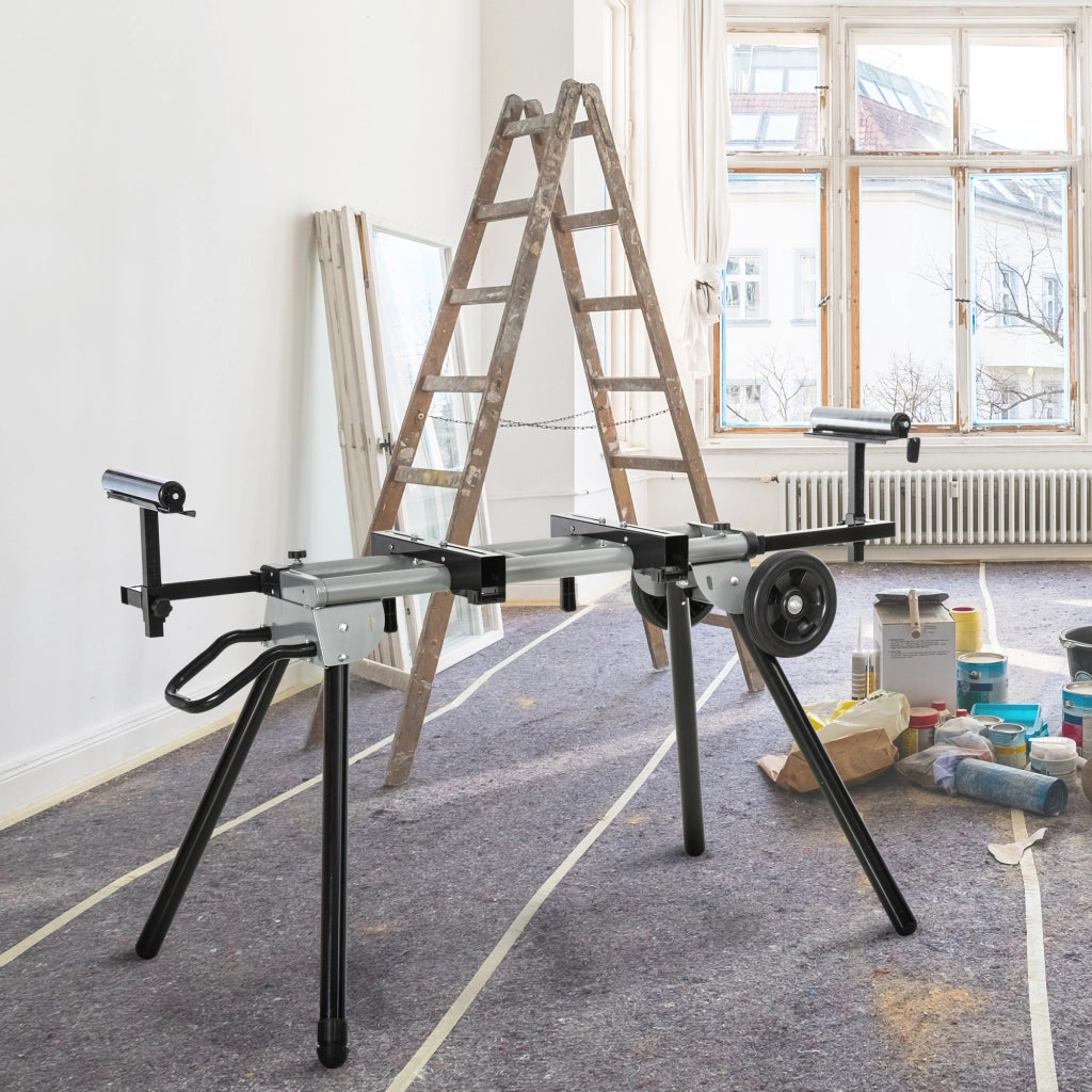 Base per troncatrici, tavolo da lavoro, nero e argento, prolunga laterale 123,5-245 cm