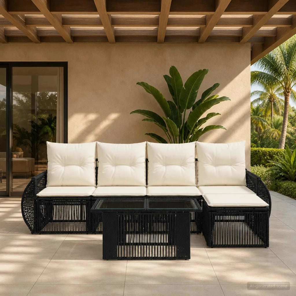 Set Divano da Giardino 6 pz Nero e Bianco Crema polyrattan 3436936