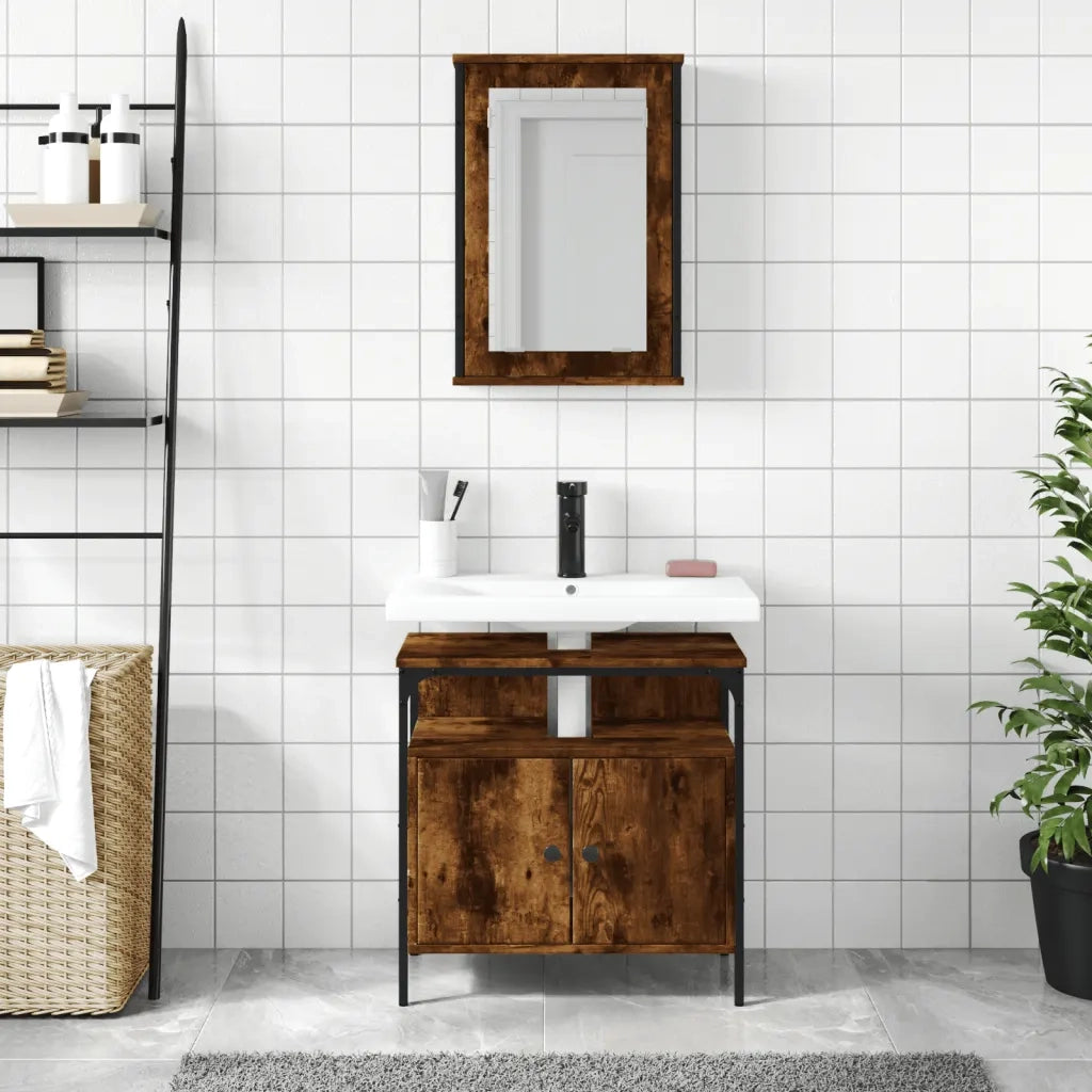 Set Mobili da Bagno | Armadio da bagno 2 pz Rovere Fumo in Legno Multistrato