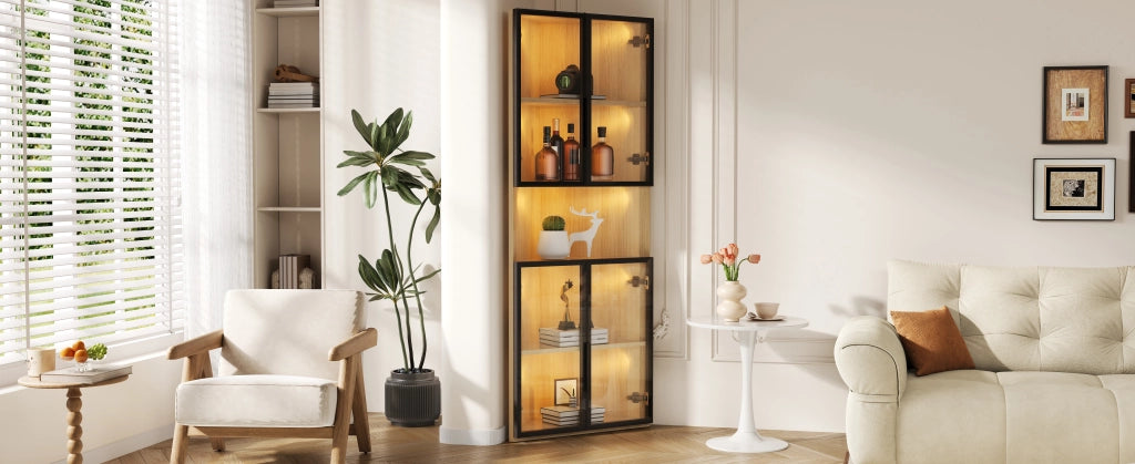 Vetrina angolare con LED, 1 anta e ripiani in MDF effetto rovere, per soggiorno e ufficio, 62 × 32 × 160 cm