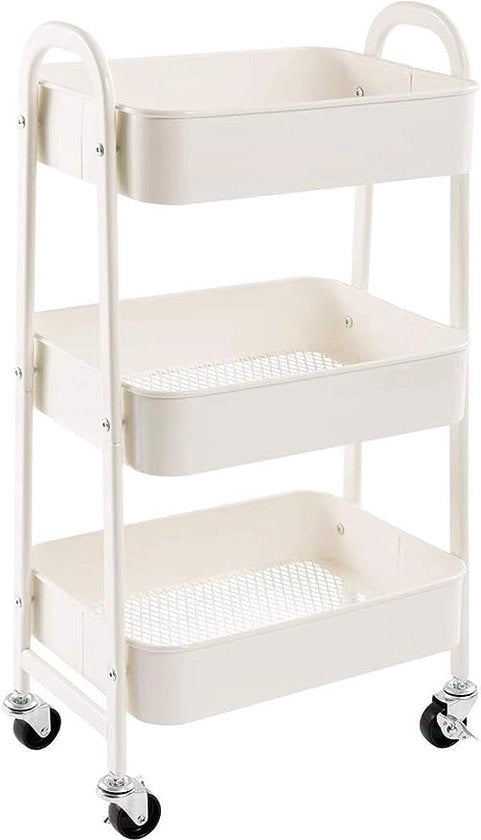 Carrello di Stoccaggio 3 Livelli in Metallo Utility Cart con Ruote, Organizzatore Trolley per Cucina, Trucco, Bagno, Ufficio, Bianco