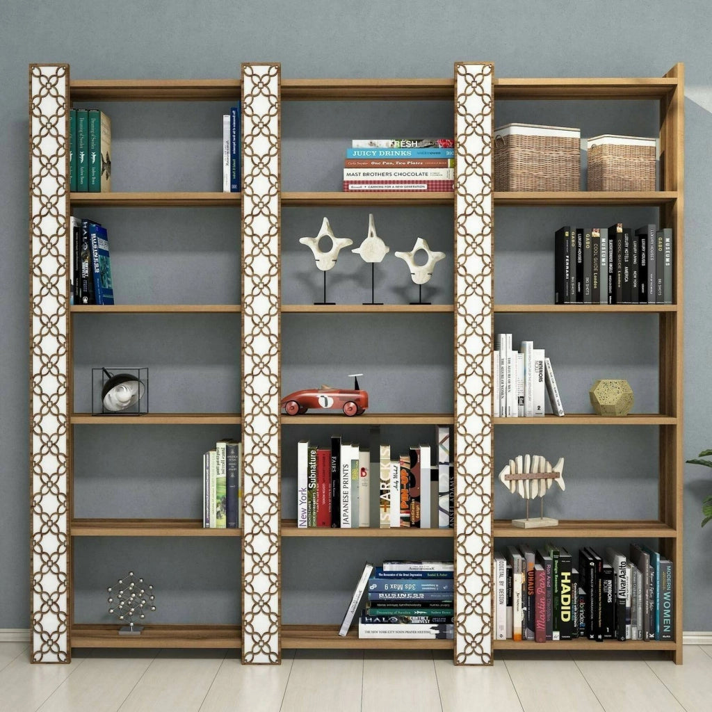 Libreria Vele, Scaffale da ufficio, Mobile portalibri, Biblioteca, 185x24h170 cm, Noce e Bianco