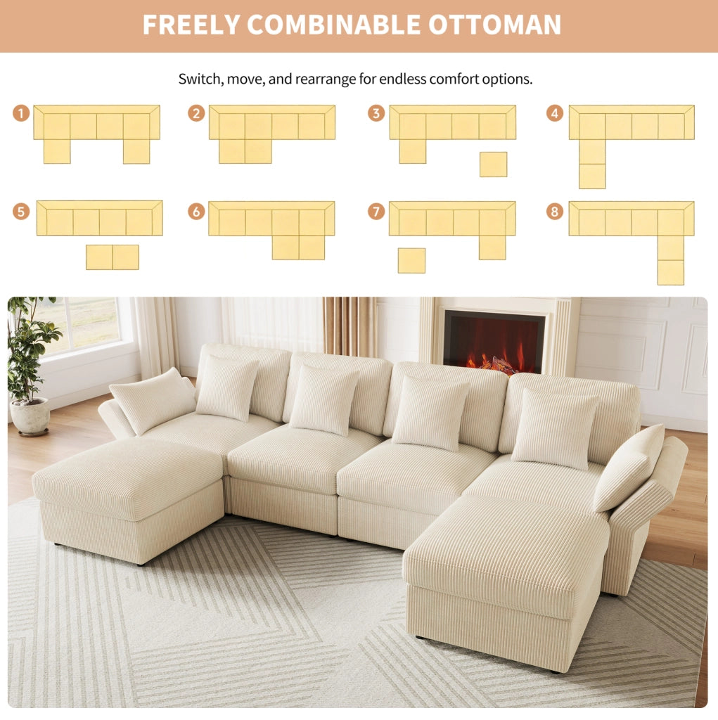 Divano modulare ULEVR 290x159,5 cm con 2 pouf mobili, braccioli regolabili e 6 cuscini, in velluto a coste beige