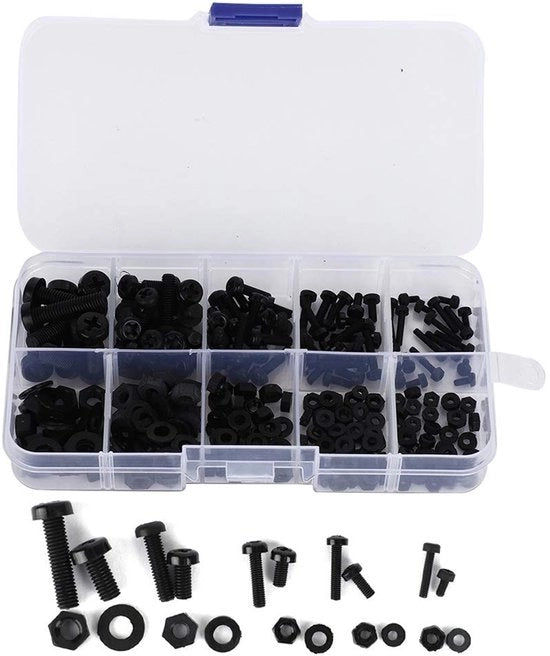 Elementi di fissaggio in nylon a vite - 270 pezzi - Fissaggi universali - Nero - Viti a 6 gomiti con anelli di chiusura - Adatti per elettronica e...