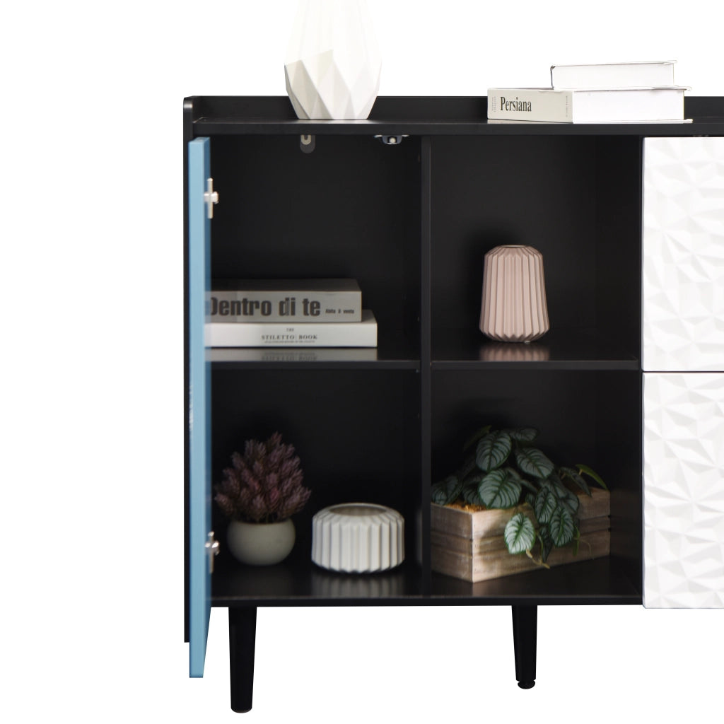 Credenza Moderna ¨C Xylo ¨C Nero con Ante Blu, 2 Cassetti, 2 Scomparti Aperti
