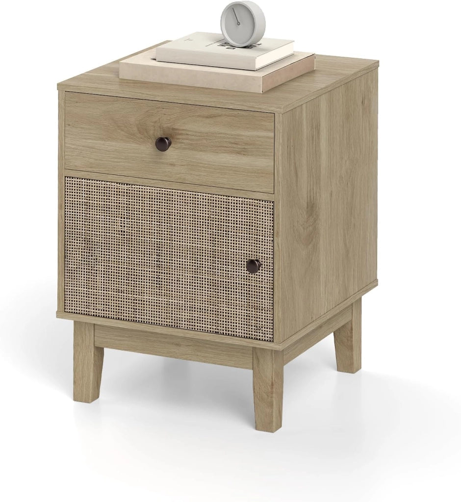 Comodino Camera da Letto con Cassetto e Anta in Rattan, Comodino Piccolo in Legno, Gamba di Pino, Dispositivo Antiribaltamento, Tavolino Vintage per Soggiorno, Studio, 40x39x55cm (Nero)