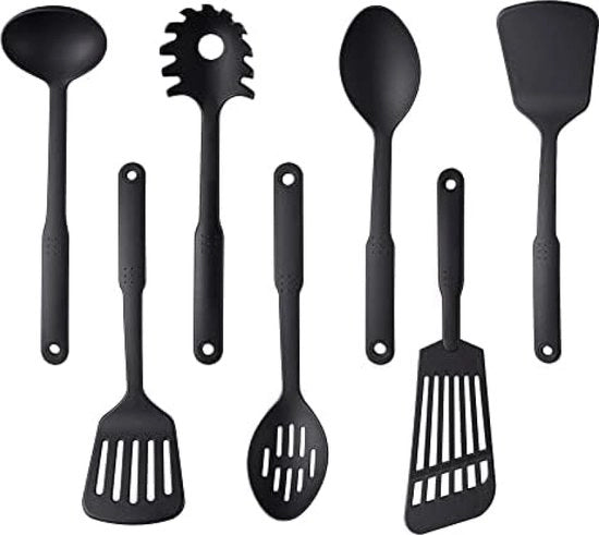 Set di 7 pezzi di accessori in nylon per la cucina, resistente al calore e non aderente, BPA libero, resistente al lavastoviglie, accessori per la cucina, nero