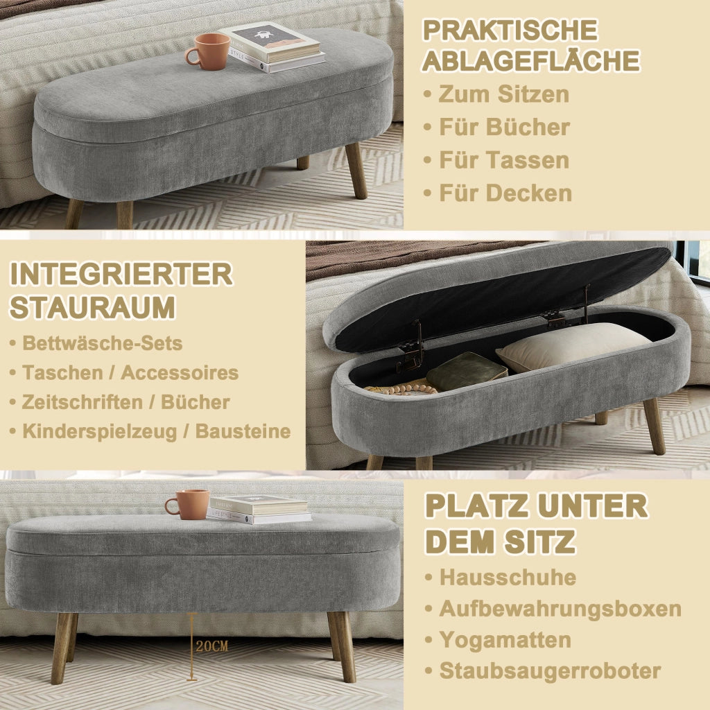 Panca contenitore in chenille con vano interno e chiusura ammortizzata, gambe in legno, grigio scuro 110 × 40 × 42 cm