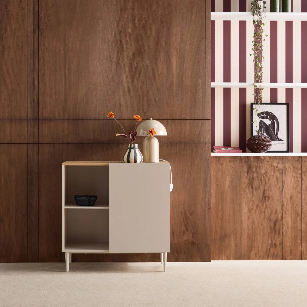Credenza in metallo e decorazione in legno 1 anta, 80cm, beige