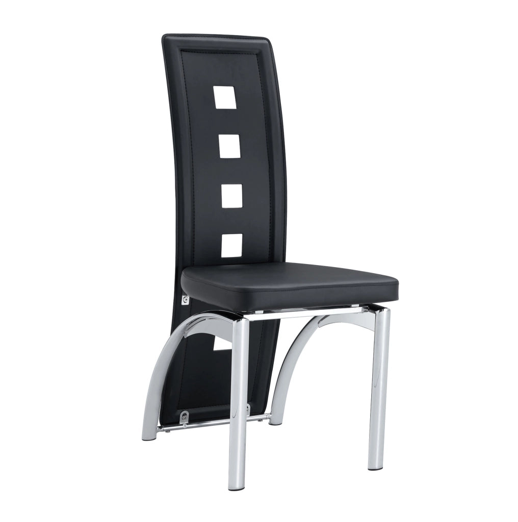 Set 2 sedie da pranzo moderne con schienale traforato; PU nero e metallo argentato; 102;5 cm