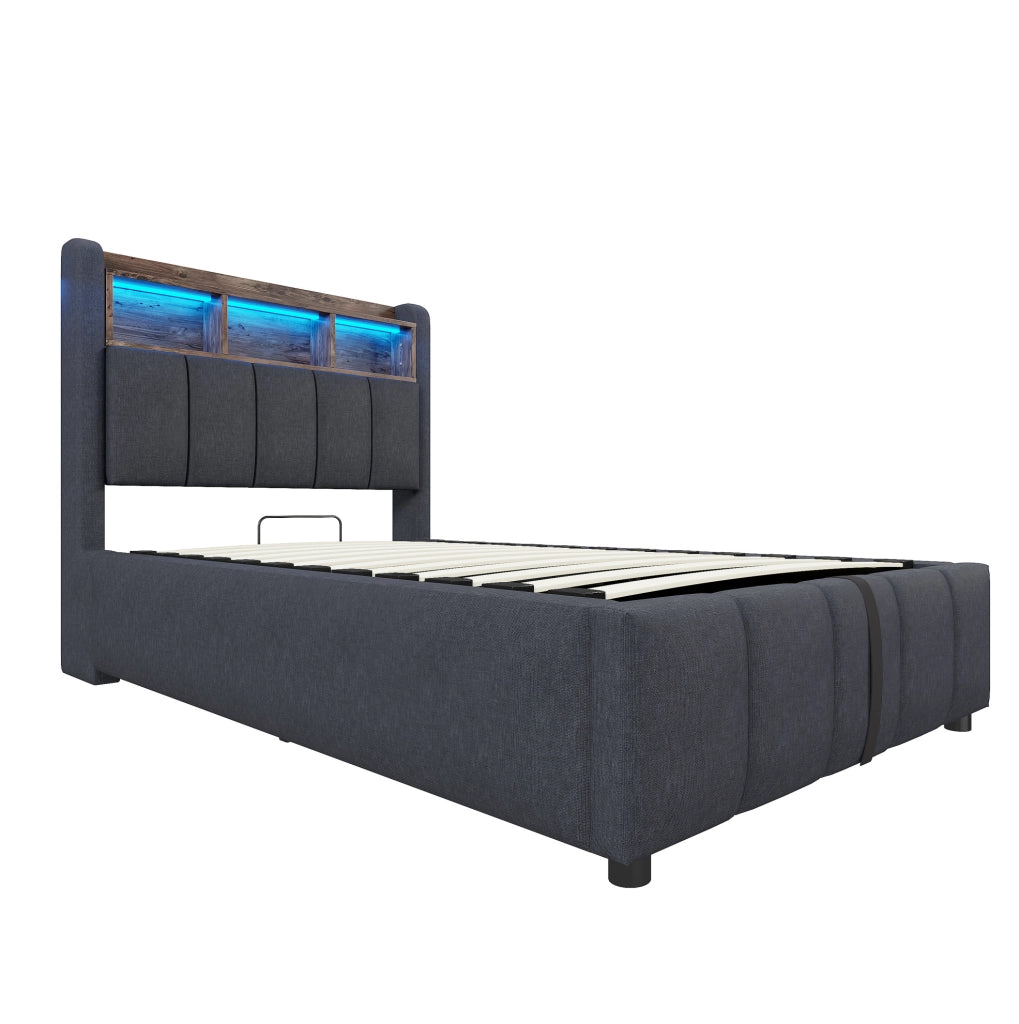Letto imbottito 90x200 cm con contenitore; LED e porte USB e Type-C in lino grigio