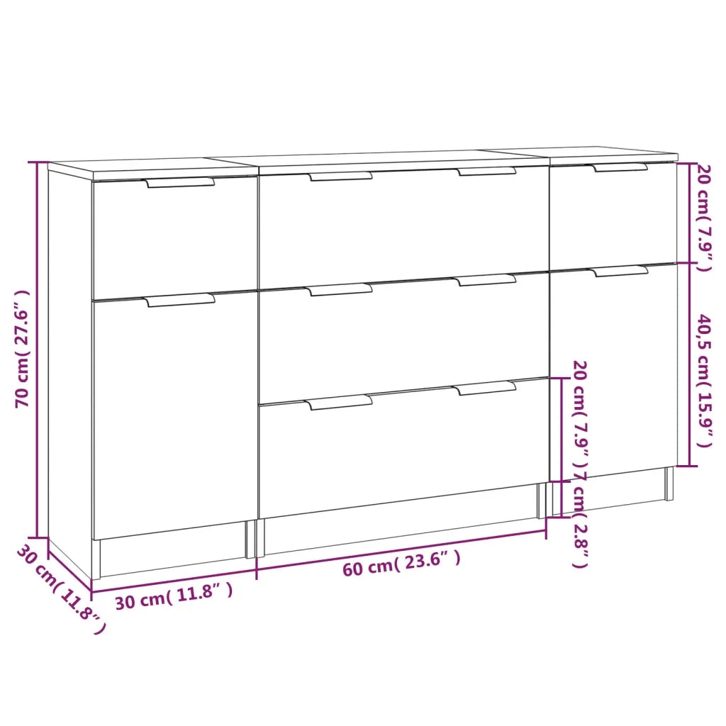 Set di Credenze 3 pz | Madia | Buffet da pranzo | Armadio da pranzo Grigio Cemento in Legno Multistrato