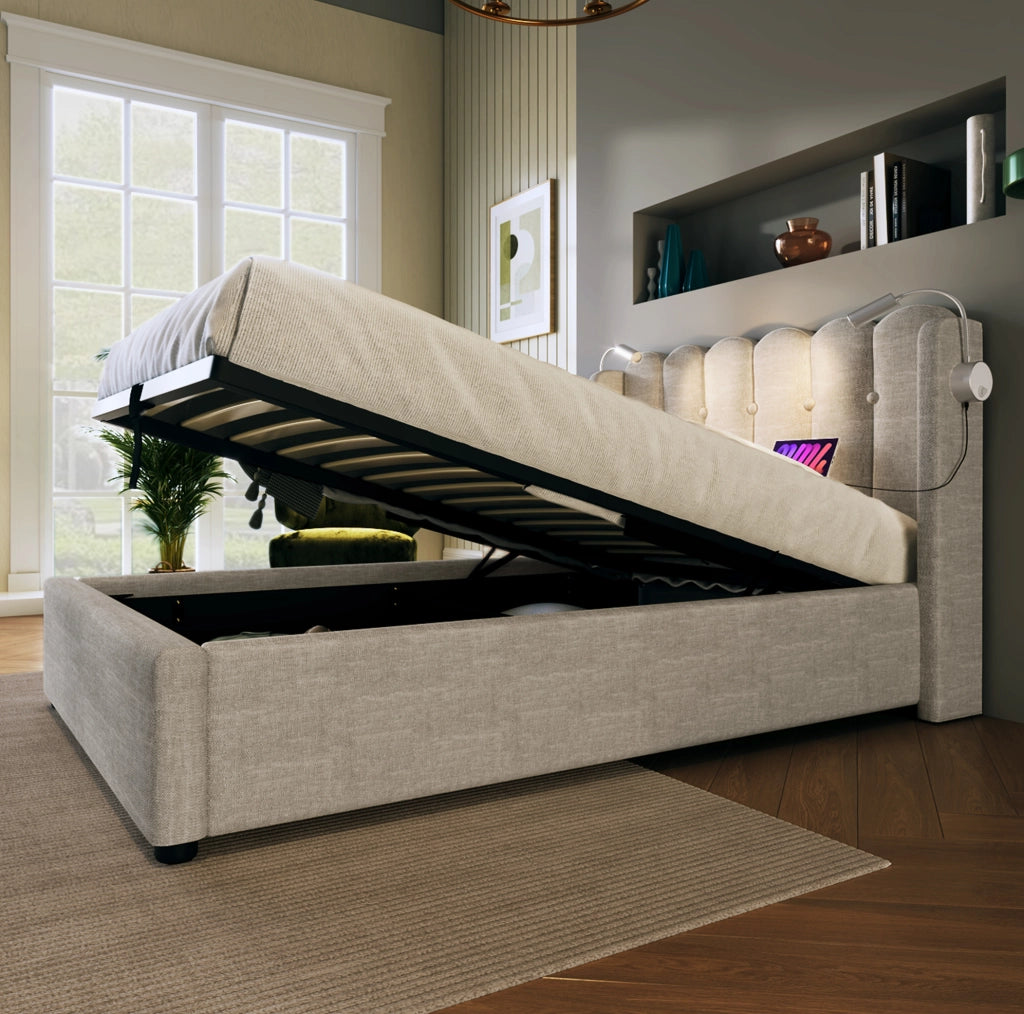 Letto singolo imbottito contenitore 90x200 cm in lino naturale con luce da lettura e USB