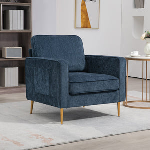 Poltrona da Salotto  con Gambe in Acciaio Dorate e Tasche Laterali 81x84x87 cm in Tessuto Blu