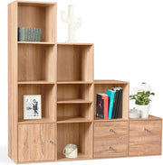 Libreria mobili a forma di scala a 4 livelli, look faggio con anta e cassetti LIAM