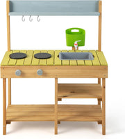 Cucina Giocattolo per Giardino in Legno di Abete, Cucina per Bambini con Serbatoio dell'Acqua e Lavello Rimovibili, 3 Ripiani Aperti, Funzione Suoni, per Bambini 3+ Anni (Naturale)