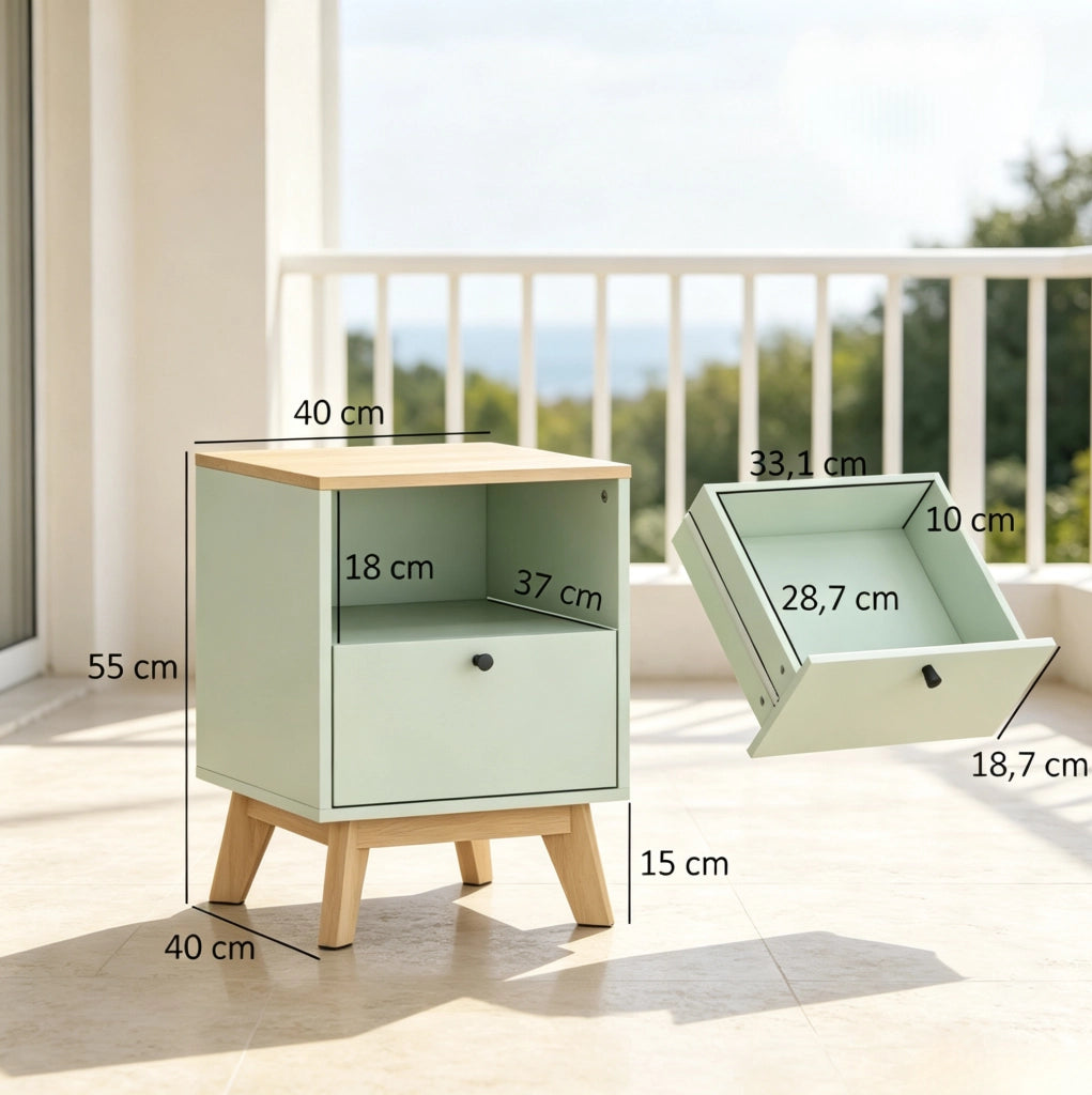 Set di 2 Comodini in MDF Verde Chiaro con Cassetto e Ripiano Aperto, 40x40x55 cm