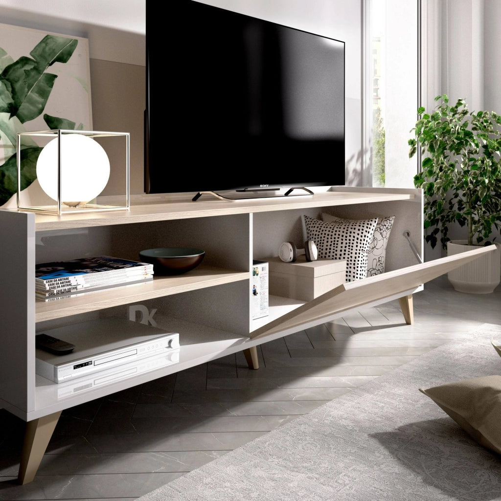 Mobile porta TV Allesia, Credenza bassa da soggiorno, Madia da salotto per televisione, 155x43h47 cm, Rovere e Bianco
