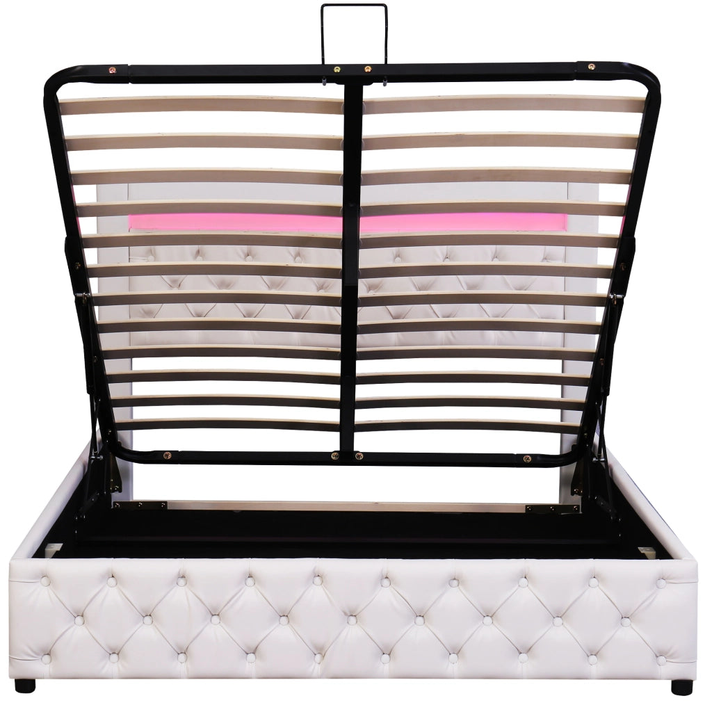 Letto imbottito 140x200 cm con rete a doghe, contenitore e LED