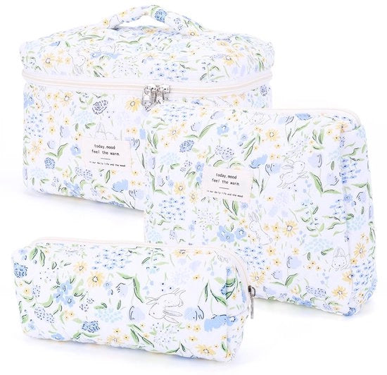Tas da makeup 3 in 1 per donne, set di cosmetici con fodera, sacchetto di pelle per makeup con disegno di fiori, impermeabile, borsa da trucco portatile per ragazze