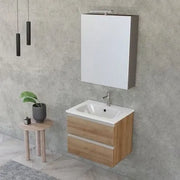Mobile bagno sospeso 60 cm rovere miele con lavabo e specchio contenitore Master