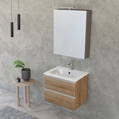 Mobile bagno sospeso 60 cm rovere miele con lavabo e specchio contenitore Master