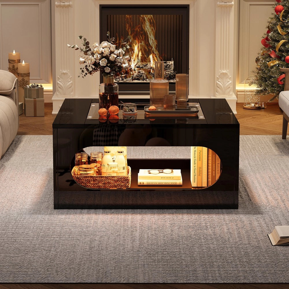 Tavolino da Salotto Quadrato con Piano in Vetro Temperato e LED ¨C MINIMAL ¨C Nero, MDF, 70x70x35