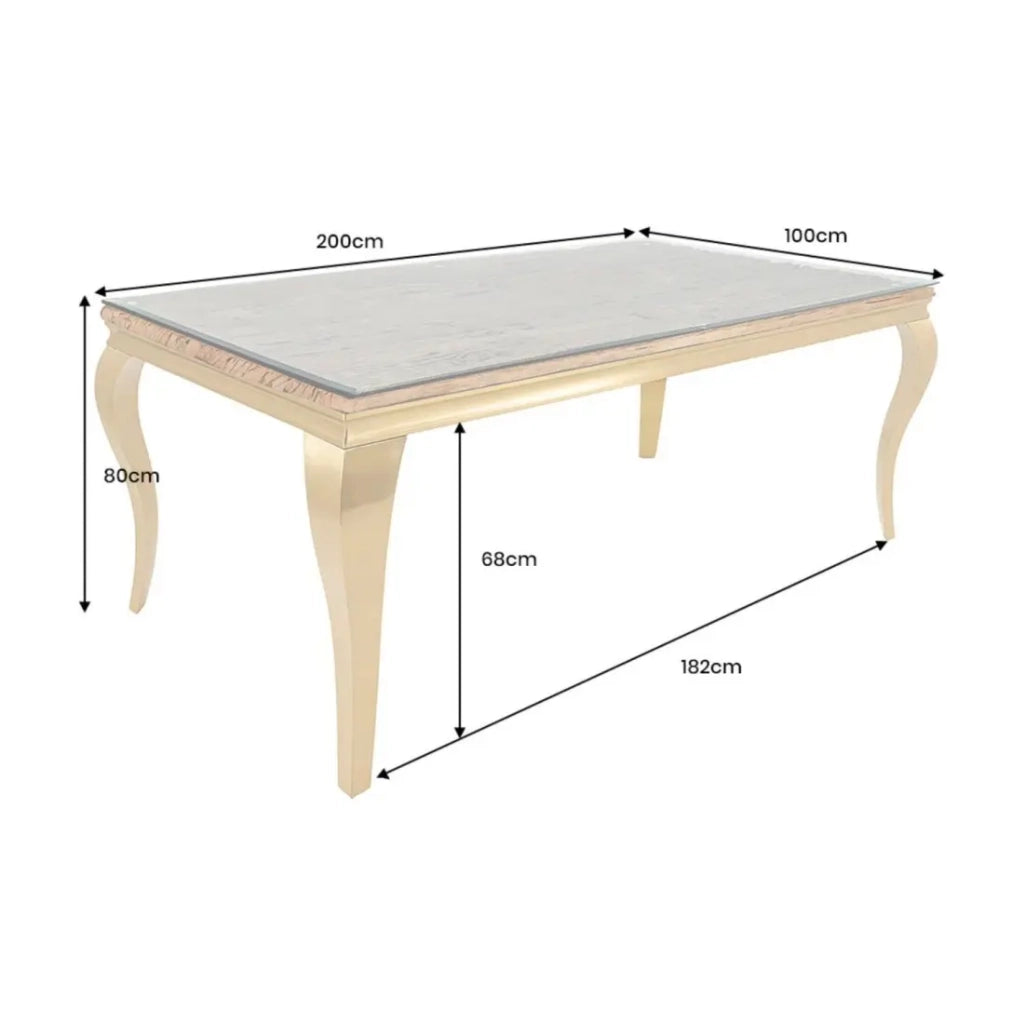 Table de salle à manger VELENA – Rectangulaire 200 cm – Bois de teck, verre et acier doré – Style baroque chic Tavolo da pranzo VELENA – Rettangolare 200 cm – Legno di teak, vetro e acciaio dorato – Stile barocco chic