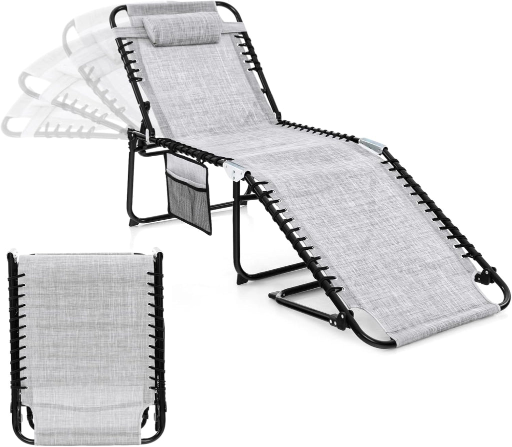 Lettino Prendisole da Giardino Pieghevole, Struttura in Acciaio, Sdraio Mare Regolabile in 4 Livelli con Poggiatesta, Tasca Laterale, Lettino da Spiaggia, Piscina, Portato 150 kg (1, Grigio)