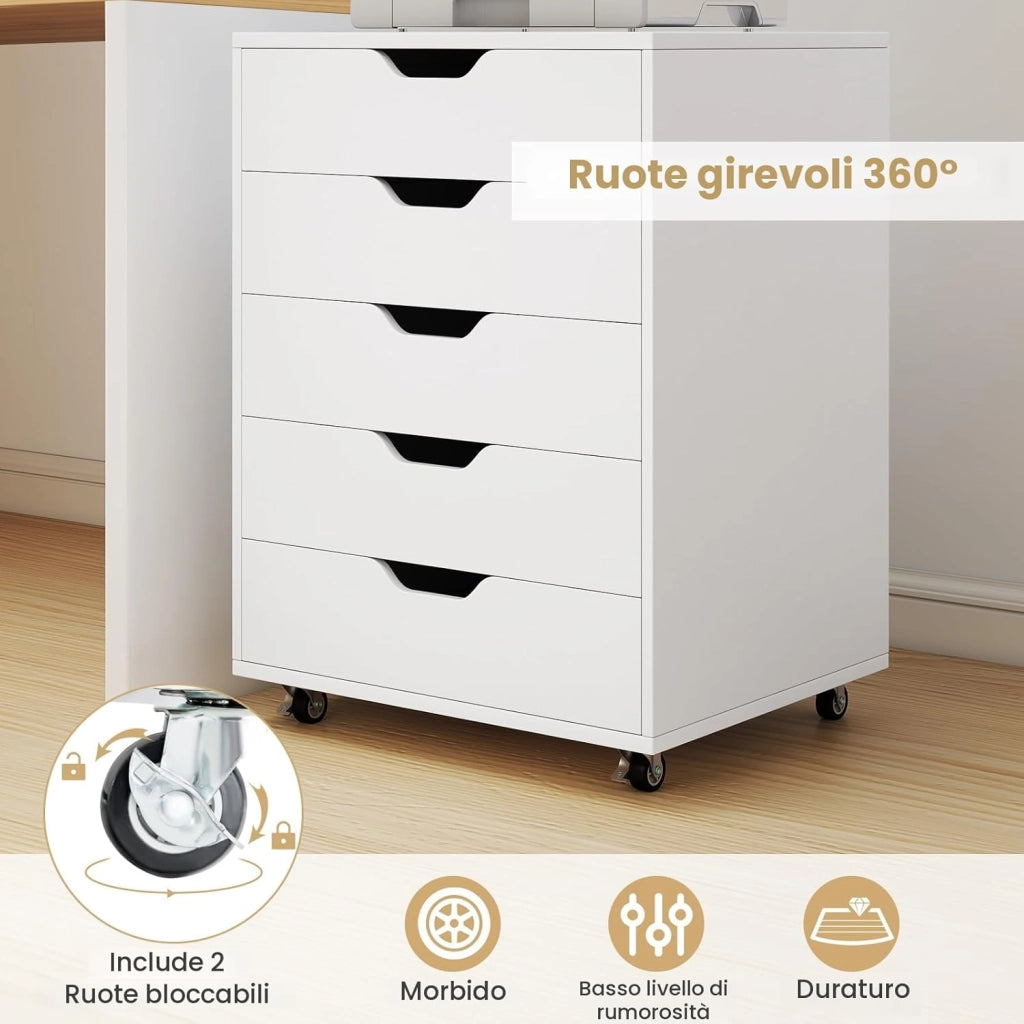 Cassettiera Ufficio con 5 Cassetti, Cassettiera Scrivania con Ruote Universali, Schedario Portadocumenti in Legno per Soggiorno, Camera da Letto, Studio, 49 x 42 x 66 cm (Bianco)