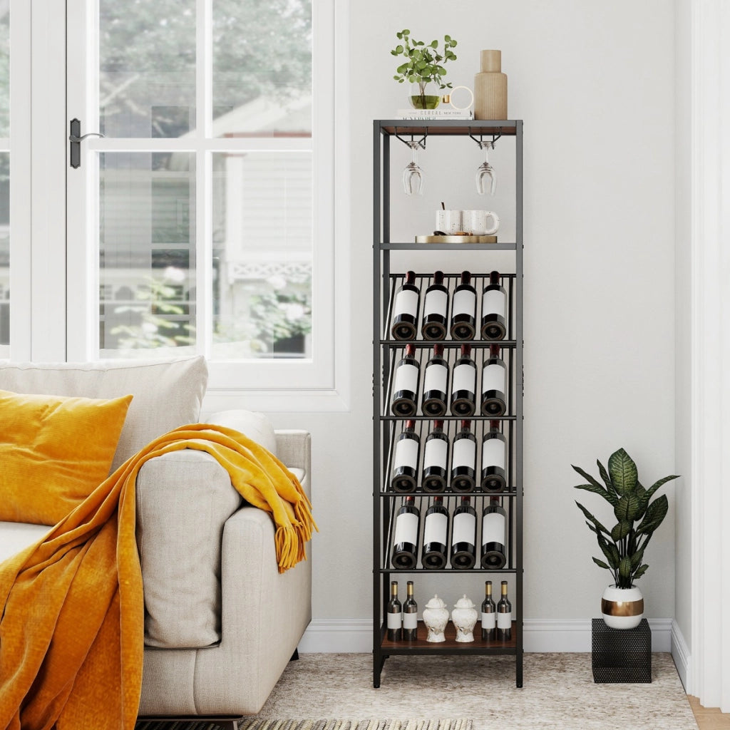 Supporto per liquori con portabicchieri design anti-ribaltamento, Portabottiglie da vino indipendente a 7 livelli Nero-Portabottiglie