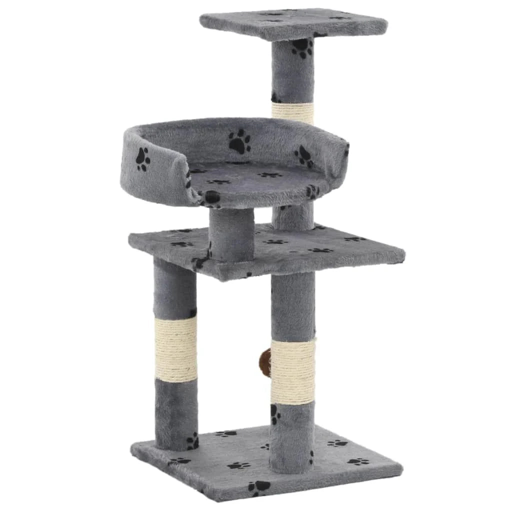 Tiragraffi albero per gatti cuccia per gatti giocattolo peluche e sisal 65 cm impronte di zampe grigio 3702057