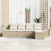 Set di Divani da Giardino in 5 Pezzi con Cuscini Beige Polyrattan