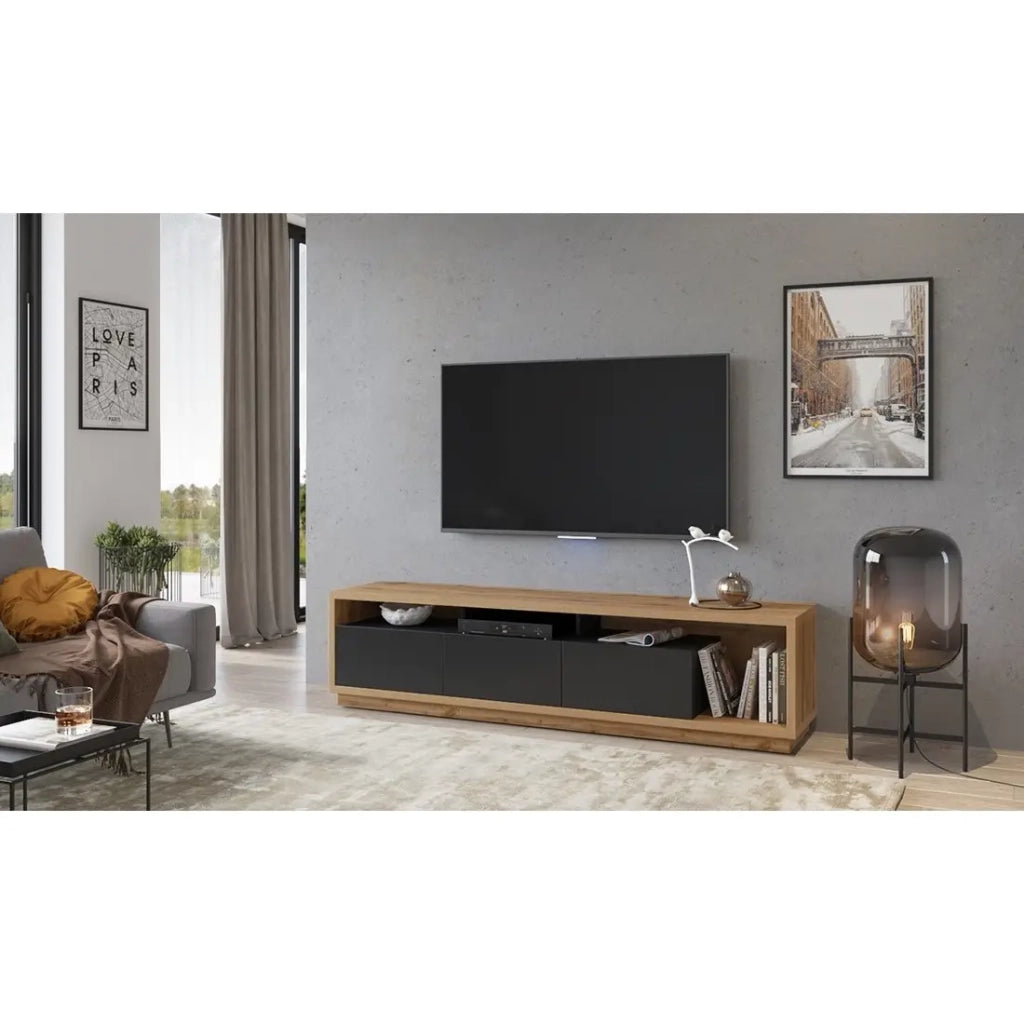 Mobile TV XL 200cm collezione CLARA. Colore quercia e nero opaco.
