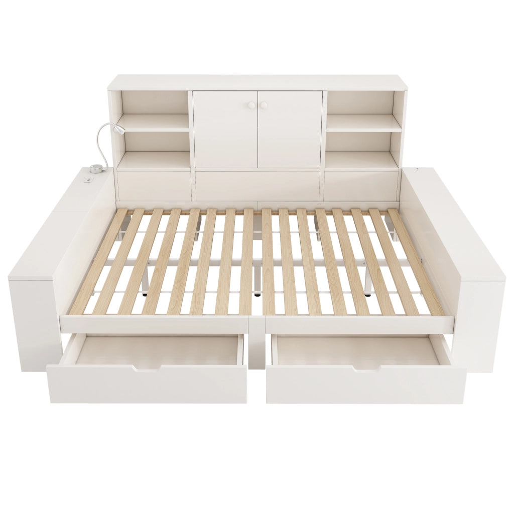 Letto contenitore 140x200cm bianco con cassetti, USB/Type-C, luce lettura, senza materasso