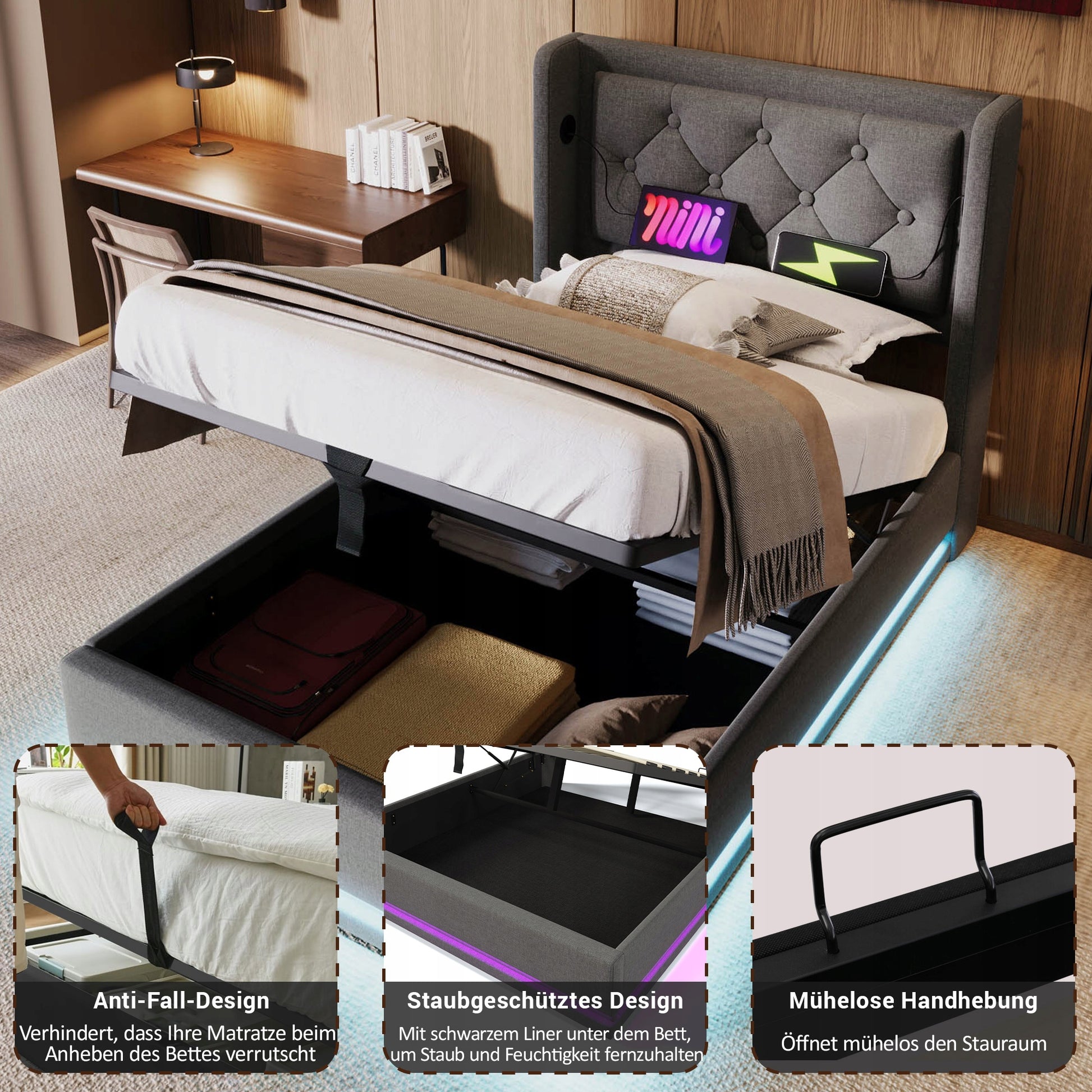 Letto imbottito - Xylo - 90x200 - Grigio - Stelaio idraulico LED USB-C